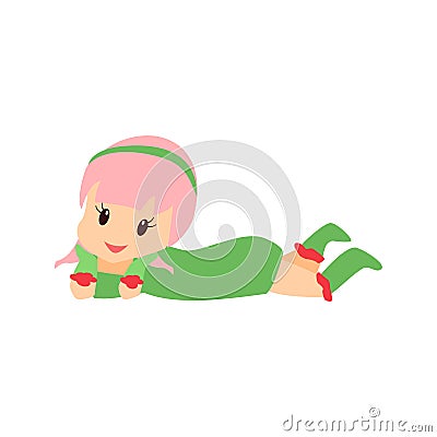 Cartoon flat little cheerful girl lies and admires herself. Vector Illustration