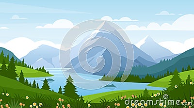 Cartoon flat panorama of spring summer beautiful nature, green grasslands meadow with flowers, forest, scenic blue lake Vector Illustration