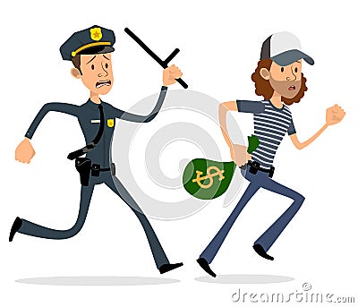 Cartoon flat policeman and thief characters Vector Illustration