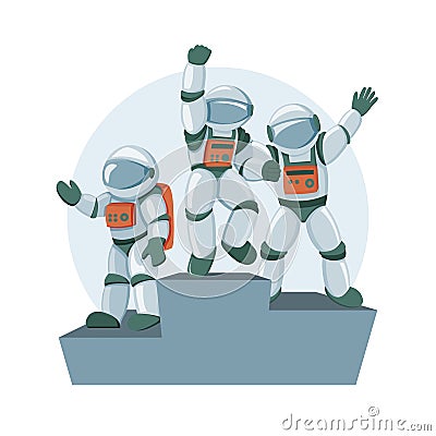 Cartoon flat professional spacemans emotional triumph, winning and victory Vector Illustration