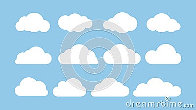 Cartoon flat set of white clouds isolated on blue background. Abstract element concept. Vector illustration Vector Illustration
