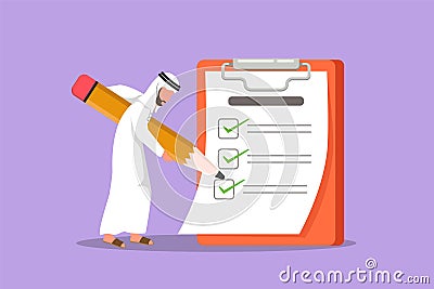 Cartoon flat style drawing active Arabian businessman mark checklist with pen. Person completion business task. Goal achievement Cartoon Illustration