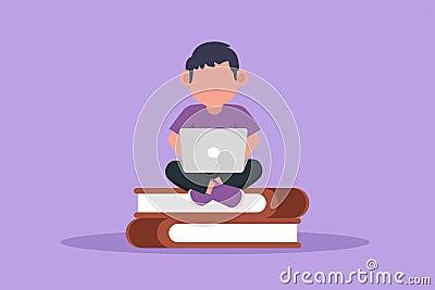Cartoon flat style drawing adorable little boy typing on laptop computer on his lap and sitting on pile of big book. Student Cartoon Illustration