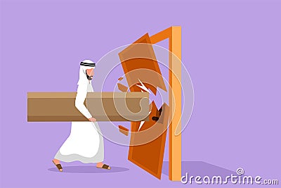 Cartoon flat style drawing Arab businessman holding large log and destroying door. Overcome business challenges, and destroying Cartoon Illustration