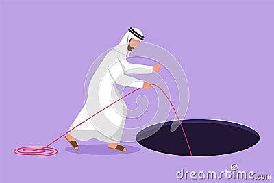 Cartoon flat style drawing Arabian businessman stretch out rope into hole. Man wondering and looking at the big hole, business Cartoon Illustration