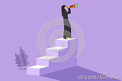 Cartoon flat style drawing Arabian businesswoman standing on stairs with binoculars. Vision concept in business. Symbol of Cartoon Illustration