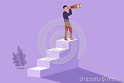 Cartoon flat style drawing attractive businessman standing on stairs with binoculars. Vision concept in business. Symbol Cartoon Illustration