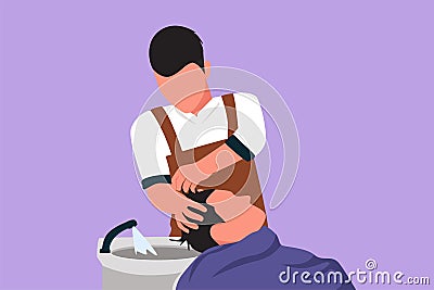 Cartoon flat style drawing attractive male is getting modern haircut in barber shop. Side view of young man getting his hair Cartoon Illustration