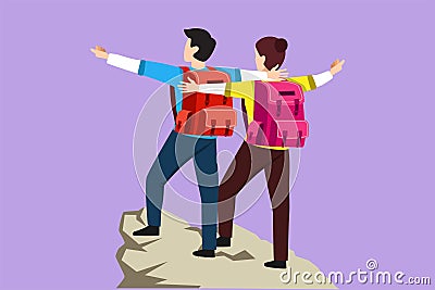 Cartoon flat style drawing back view of romantic couple hikers with raised hands in a mountain valley at sunrise. Travel, tourism Cartoon Illustration
