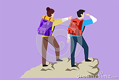 Cartoon flat style drawing back view romantic couple on mountain. Happy woman man climbers. Female hikers standing on rock look Cartoon Illustration