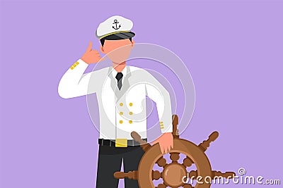 Cartoon flat style drawing bravery sailor man with call me gesture ready to sail across seas in ship that is headed by captain. Cartoon Illustration