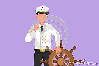 Cartoon flat style drawing bravery sailor man with thumbs up gesture ready to sail across seas in ship that is headed by captain. Cartoon Illustration