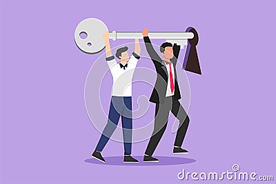 Cartoon flat style drawing business key concept with two male figures wearing suits while lifting and inserting huge key to Cartoon Illustration