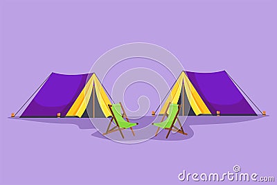 Cartoon flat style drawing camping landscape in campsite ground. Pair of tents with two chair in forest on grass. Summer camping Cartoon Illustration