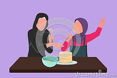 Cartoon flat style drawing cheerful Arab mom and daughter singing while cooking sweet cake together, using spatula as microphones Vector Illustration