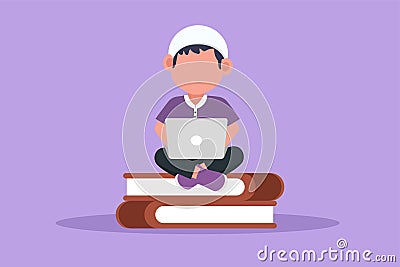 Cartoon flat style drawing cute Arab little boy typing on laptop computer on his lap and sitting on pile of big book. Student Cartoon Illustration