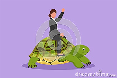 Cartoon flat style drawing cute businesswoman riding huge turtle. Slow movement to success, manager driving giant tortoise. Cartoon Illustration