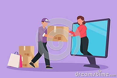 Cartoon flat style drawing of female customer receives boxed package, through computer monitor screen from male courier. Online Cartoon Illustration