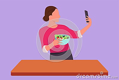 Cartoon flat style drawing female taking selfie or making video call using smartphone while platting fresh salad. Young woman Cartoon Illustration