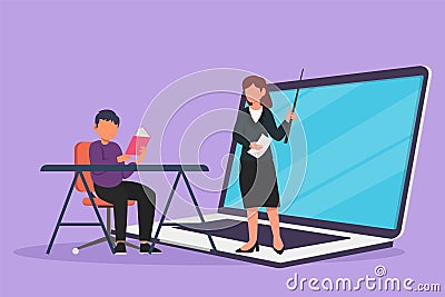 Cartoon flat style drawing of female teacher standing in front of laptop screen holding book and teaching male junior high school Cartoon Illustration