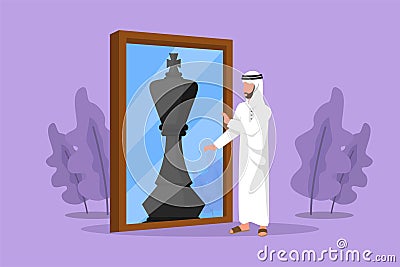 Cartoon flat style drawing handsome Arabian businessman standing in front of mirror, reflecting chess king. Metaphor of confidence Cartoon Illustration