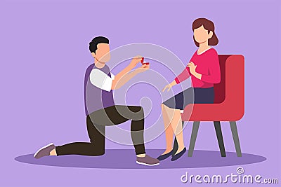 Cartoon flat style drawing happy man proposes to woman sitting on chair and gives ring. Cute couple getting ready for wedding. Cartoon Illustration