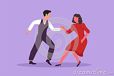 Cartoon flat style drawing happy people dancing salsa. Young man and woman in dance. Pair of dancer with waltz tango and salsa Cartoon Illustration