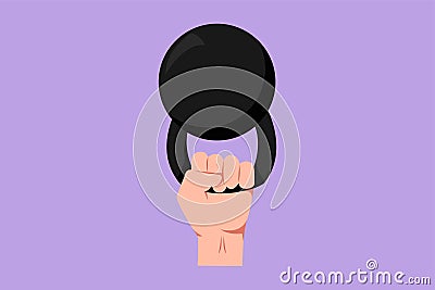 Cartoon flat style drawing of kettlebell weight. Hand lifted kettlebell. Stay strong. Gym, fitness label. Athletic sportsman arm Cartoon Illustration