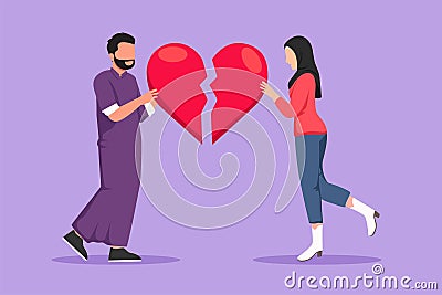 Cartoon flat style drawing lovers broken heart. Arab man and woman pulled apart causing each other feel great sorrow, couple in Vector Illustration