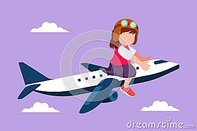 Cartoon flat style drawing pretty little girl riding small toy plane. Happy kids on airplane. Children riding electric toy Cartoon Illustration