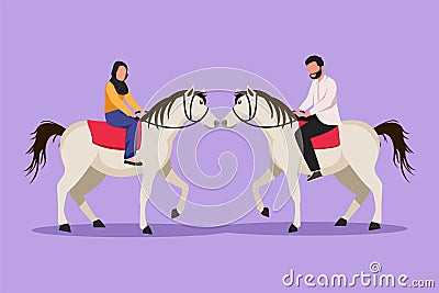 Cartoon flat style drawing romantic Arabian couple in love riding horse together at meadow. Man and woman meet for dating with Cartoon Illustration