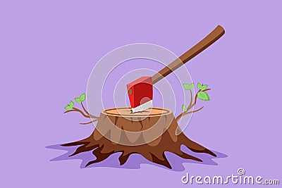 Cartoon flat style drawing stylized hatchet in a tree stump. Tree stump with an axe stuck. Forest, camping concept. Axe in stuck Cartoon Illustration