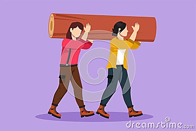 Cartoon flat style drawing two beautiful woman lumberjack laborers carrying heavy wooden log on shoulders. Strong female Vector Illustration