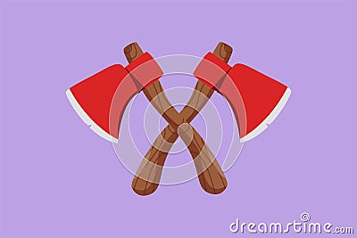 Cartoon flat style drawing two lumberjack axes crossed icon. Crossed axe isolated on blue background. Design element for logo, Cartoon Illustration