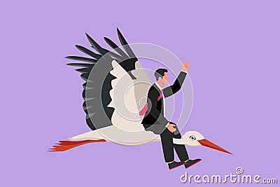 Cartoon flat style drawing of young businessman riding stork symbol of success. Business metaphor concept, looking at the goal, Cartoon Illustration