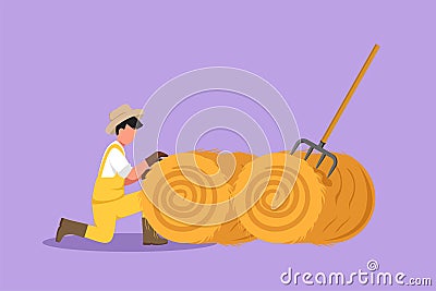 Cartoon flat style drawing young male farmer was stabbing a haystack and rolling it up with a straw stick. Livestock worker Cartoon Illustration