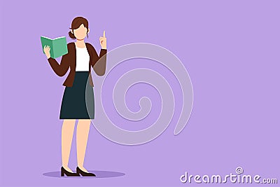 Cartoon flat style drawing young woman professor standing in front of class with book on hands. pretty female teacher students in Cartoon Illustration