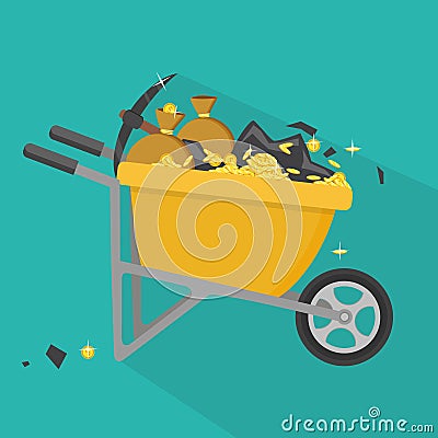 Wheelbarrow full of coins and soil. Cartoon flat style il Cartoon Illustration