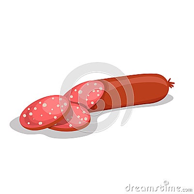 Cartoon flat style salami sausage with slices. Smoked meat product. Vector illustration Vector Illustration