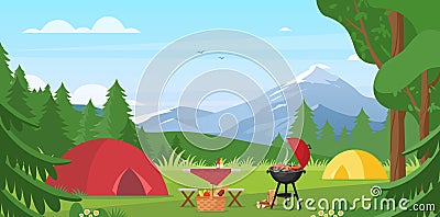 Cartoon flat tourist camp with picnic spot and tent among forest, mountain landscape view, sunny day. Summer camping Vector Illustration