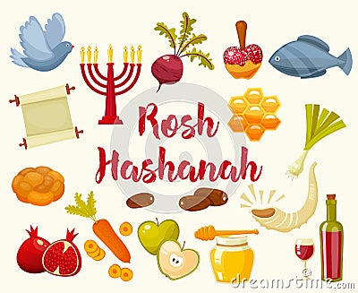 Cartoon flat vector illustration of icons for Jewish new year holiday Rosh Hashanah. Vector Illustration