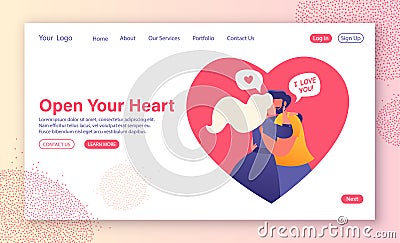 Cartoon flat vector illustration for landing page template. Love, romantic dating website. Vector Illustration