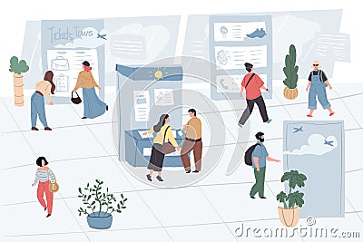 Cartoon flat visitors and workers characters at exhibition,vector illustration Vector Illustration