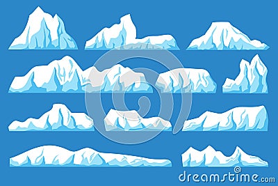 Cartoon floating iceberg vector set. Ocean ice rocks landscape for climate and environment protection concept Vector Illustration