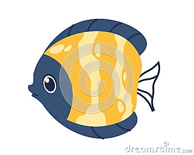 Cartoon flounder fish. Cute marine animal. Yellow striped pet swimming in water. Aquarium or ocean underwater fauna Vector Illustration