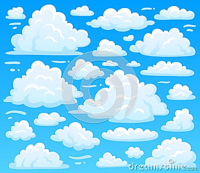 Cartoon fluffy cloud at azure skyscape. Heavenly clouds on blue sky, atmospheric cloudscape vector illustration Vector Illustration