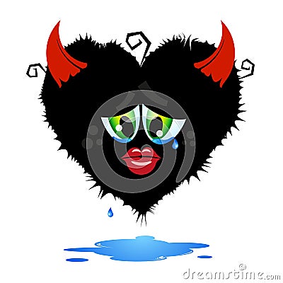 Cartoon fluffy monster with red devil horns. Sad character with tears in his eyes, in the shape of a heart. Halloween concept. Vec Vector Illustration