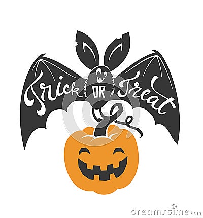 Cartoon flying bat with spread wings and Trick or Treat text written on it holding Halloween pumpkin lantern isolated on Vector Illustration