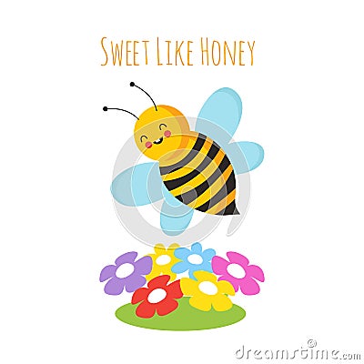 Cartoon flying bees. Cute bee and flower. Honeybee vector background Vector Illustration