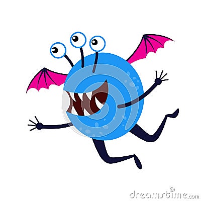 Cartoon flying funny smiling blue monster isolated on white. Fantasy creature. Vector Illustration